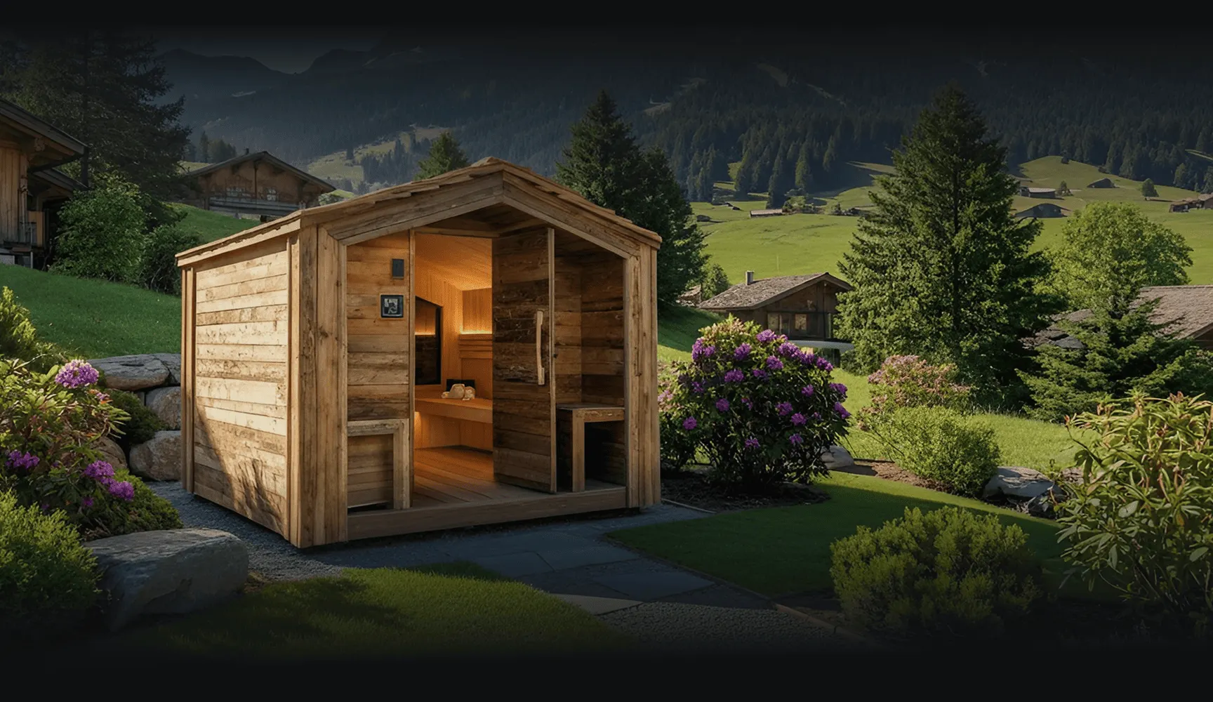 Sauna extérieur modèle Rustique installé dans le jardin d'un client
